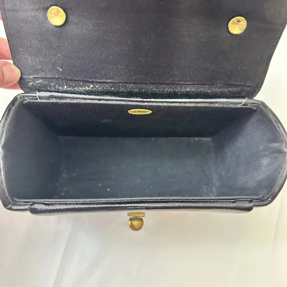 Vintage Black Faux Leather Top‎ Handle Handbag Structured Satchel Gold Clasp